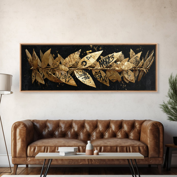 Laurel Wreath Crown, Ancient Greek Symbol Of Victory Decorative Wall Artwork, Gold Canvas Print, Real Wood Frame Decor
