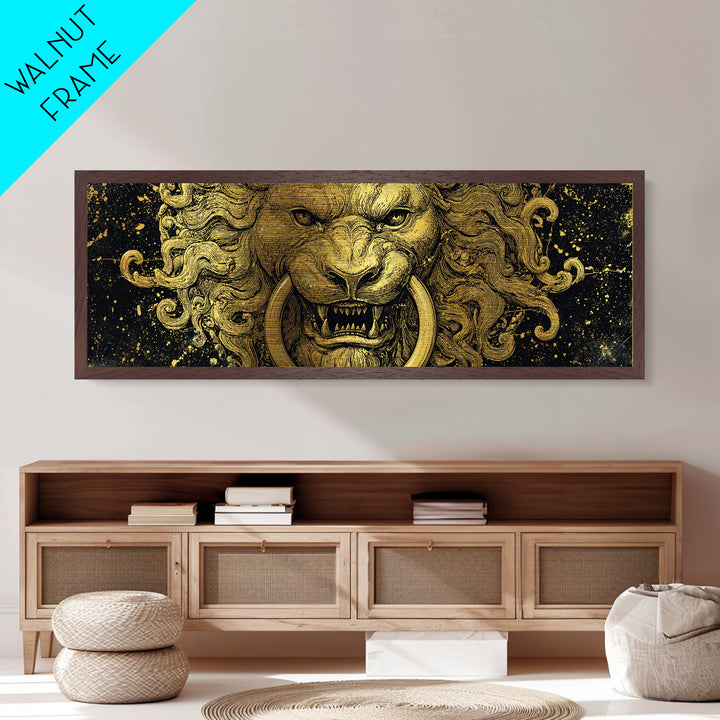 Roaring Lion Head, Fierce Mythological Beast Symbol Of Power Wall Artwork, Metallic Gold Metal Print, Real Wood Frame Wall Decor