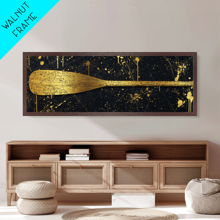 Ancient Oar Artwork, Mythological Paddle With Script Decorative Wall Design, Metallic Gold Metal Print, Real Wood Frame Wall Art
