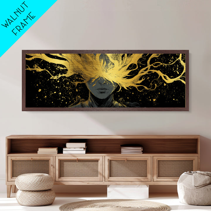 Blinded Mythological Figure, Flowing Fire Vision Symbolic Wall Artwork, Metallic Gold Metal Print, Real Wood Frame Wall Decor