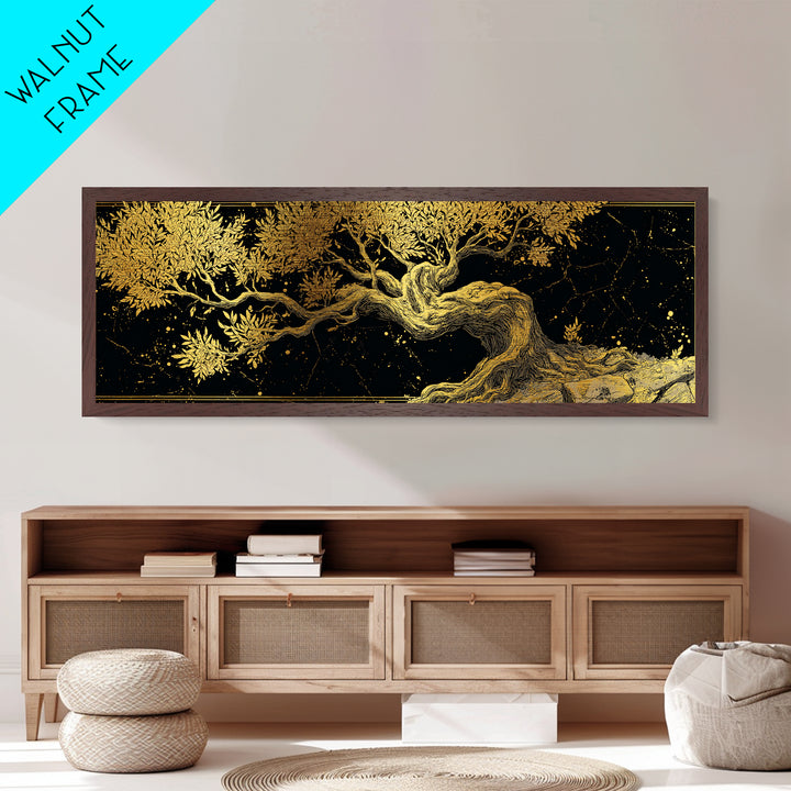 Ancient Olive Tree Artwork, Mythological Symbol Of Peace Decorative Wall Design, Metallic Gold Metal Print, Real Wood Frame Art