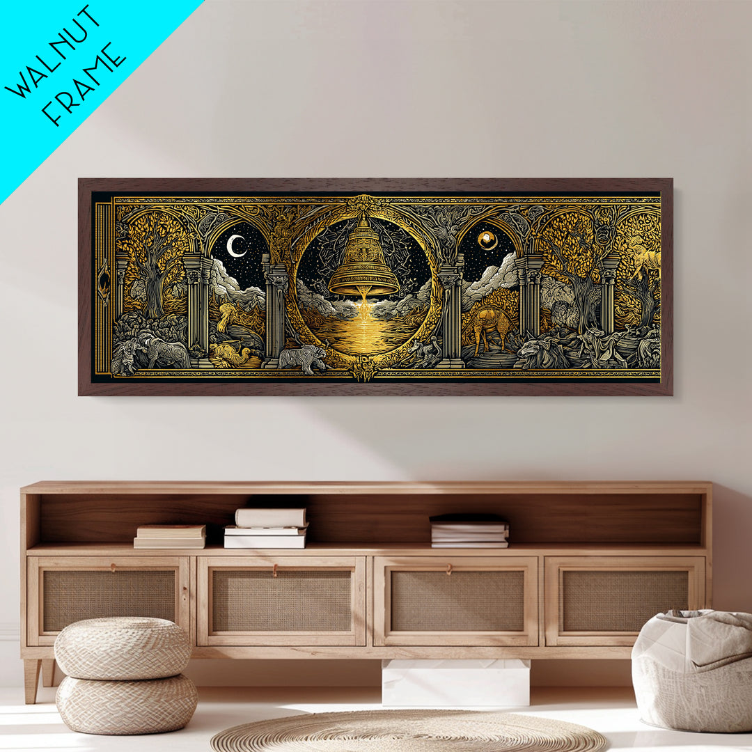 Mythological Temple Scene With Golden Bell, Classical Arches And Night Sky Artwork, Metallic Gold Metal Print, Real Wood Frame