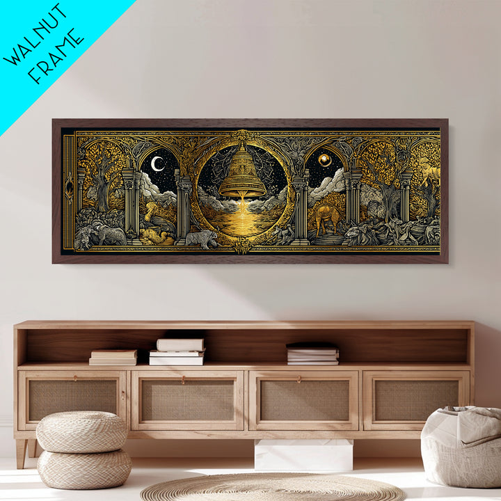 Mythological Temple Scene With Golden Bell, Classical Arches And Night Sky Artwork, Metallic Gold Metal Print, Real Wood Frame
