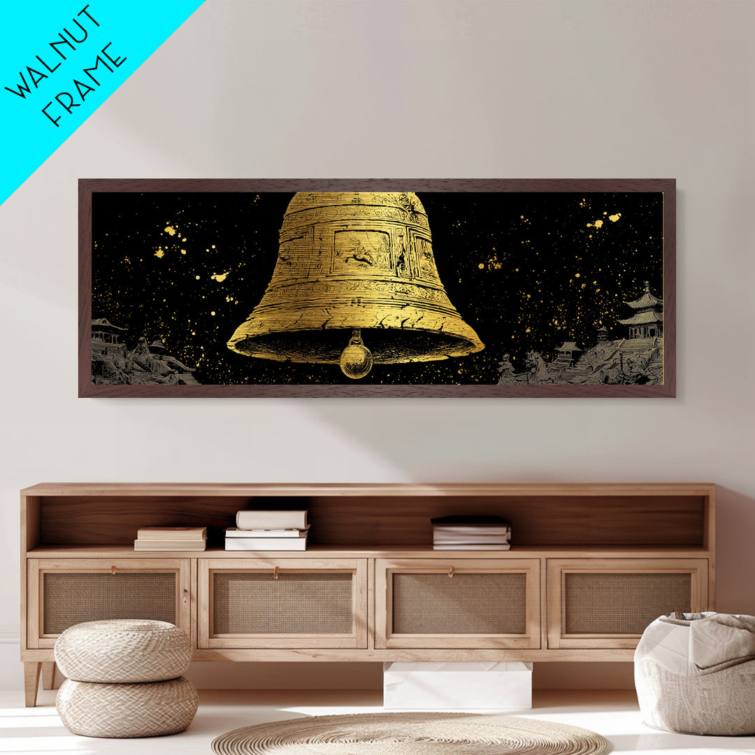 Ancient Golden Bell Artwork, Mythological Temple Scene Decorative Wall Art, Metallic Gold Metal Print, Real Wood Frame Decor