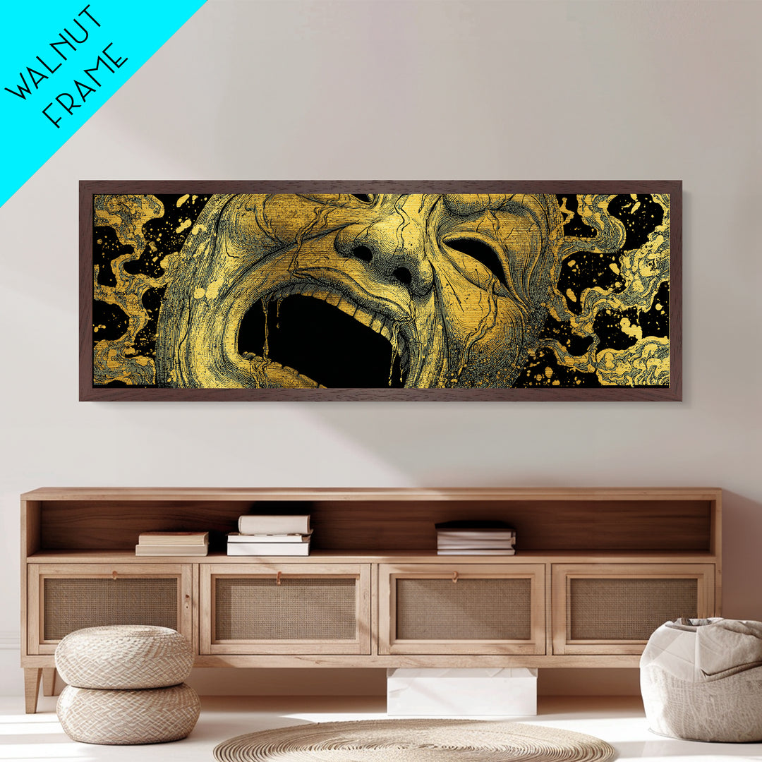Screaming Tragedy Mask, Ancient Greek Mythological Theater Artwork, Metallic Gold Metal Print, Real Wood Frame Wall Decor