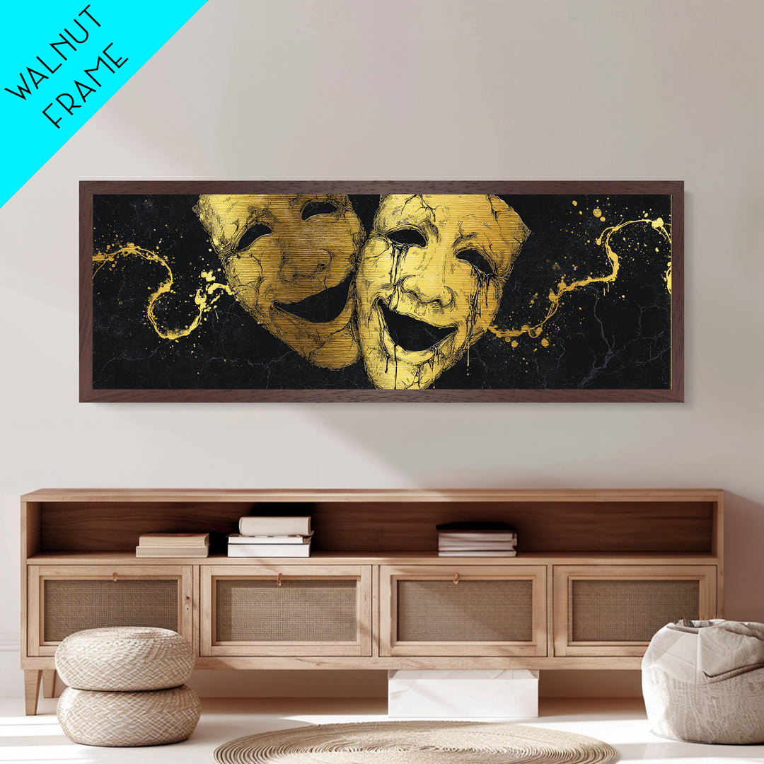 Comedy And Tragedy Masks, Ancient Greek Theater Symbolic Mythological Artwork, Metallic Gold Metal Print, Real Wood Frame Wall Art
