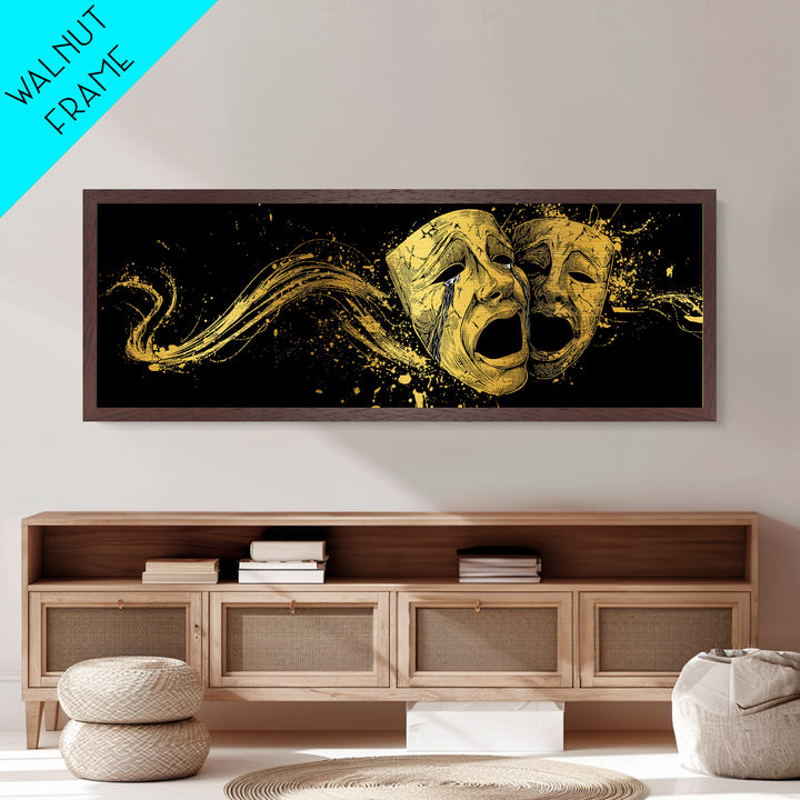 Paired Tragic Masks, Mythological Theater Symbol Decorative Wall Artwork, Metallic Gold Metal Print, Real Wood Frame Wall Decor