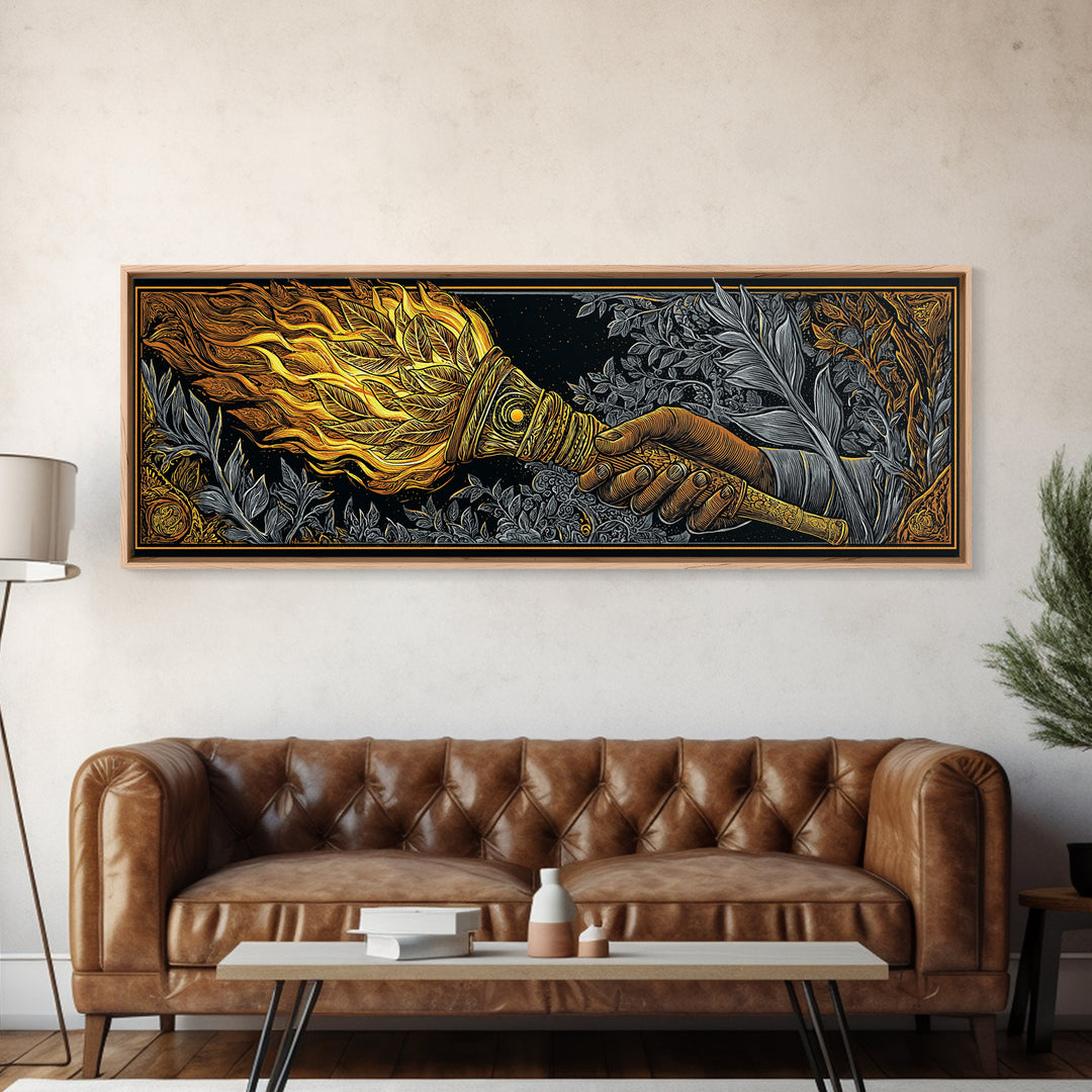 Ancient Torch Of Flames, Mythological Fire Symbol Decorative Wall Artwork, Gold Canvas Print, Real Wood Frame Wall Decor