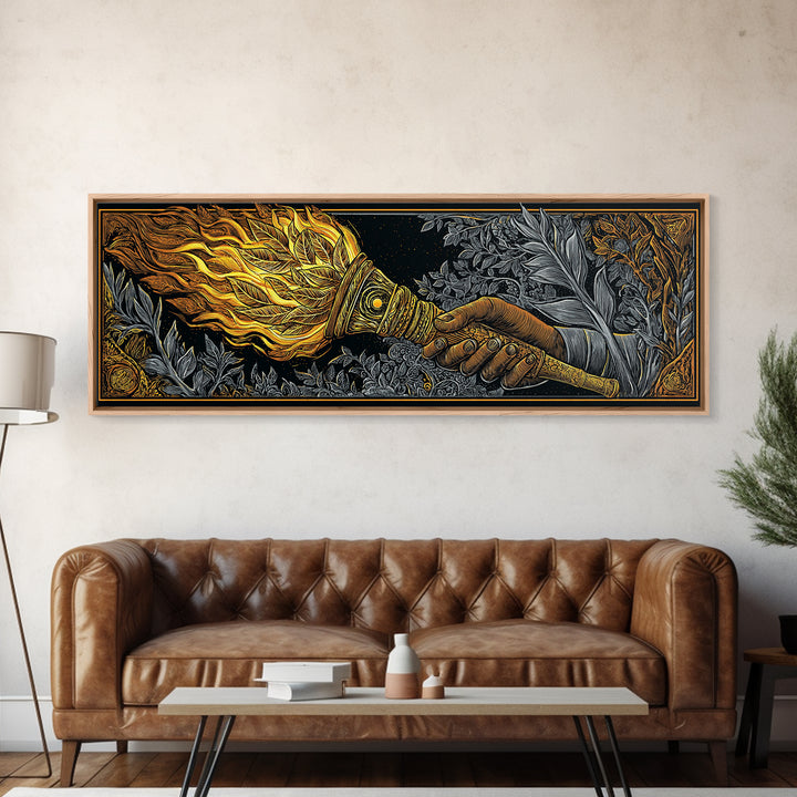 Ancient Torch Of Flames, Mythological Fire Symbol Decorative Wall Artwork, Gold Canvas Print, Real Wood Frame Wall Decor