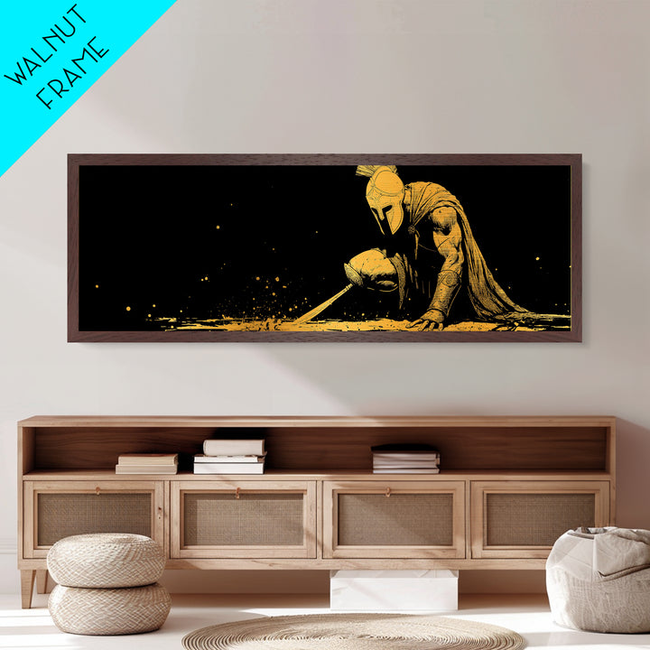 Greek Warrior Kneeling, Ancient Mythological Spartan Soldier With Spear Artwork, Metallic Gold Metal Print, Real Wood Frame Decor