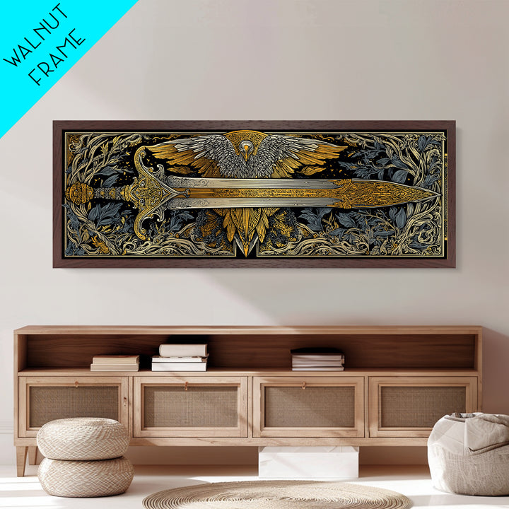 Sword With Wings, Mythological Weapon And Guardian Bird Decorative Wall Artwork, Metallic Gold Metal Print, Real Wood Frame Art