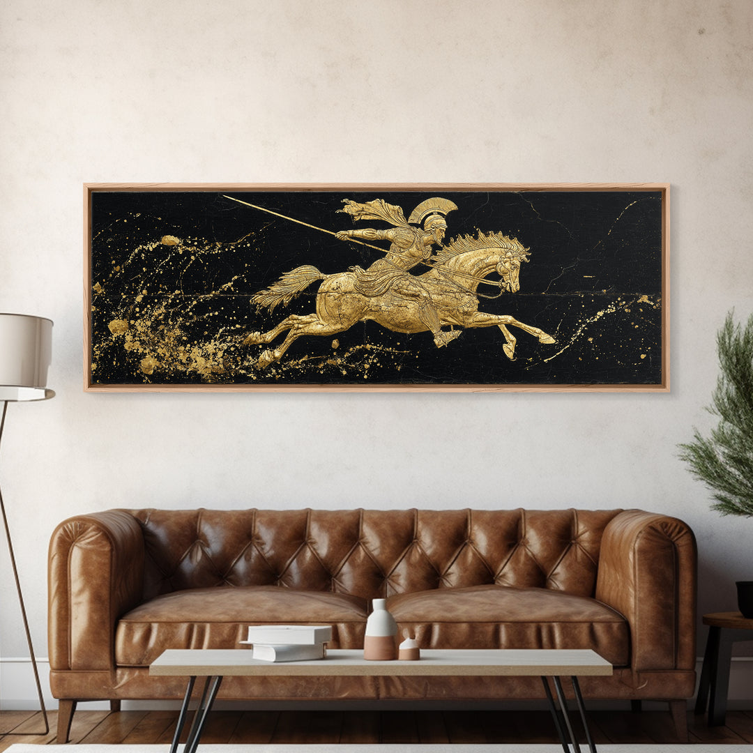 Spartan Warrior On Horse, Ancient Greek Mythological Rider With Spear Artwork, Gold Canvas Print, Real Wood Frame Wall Decor