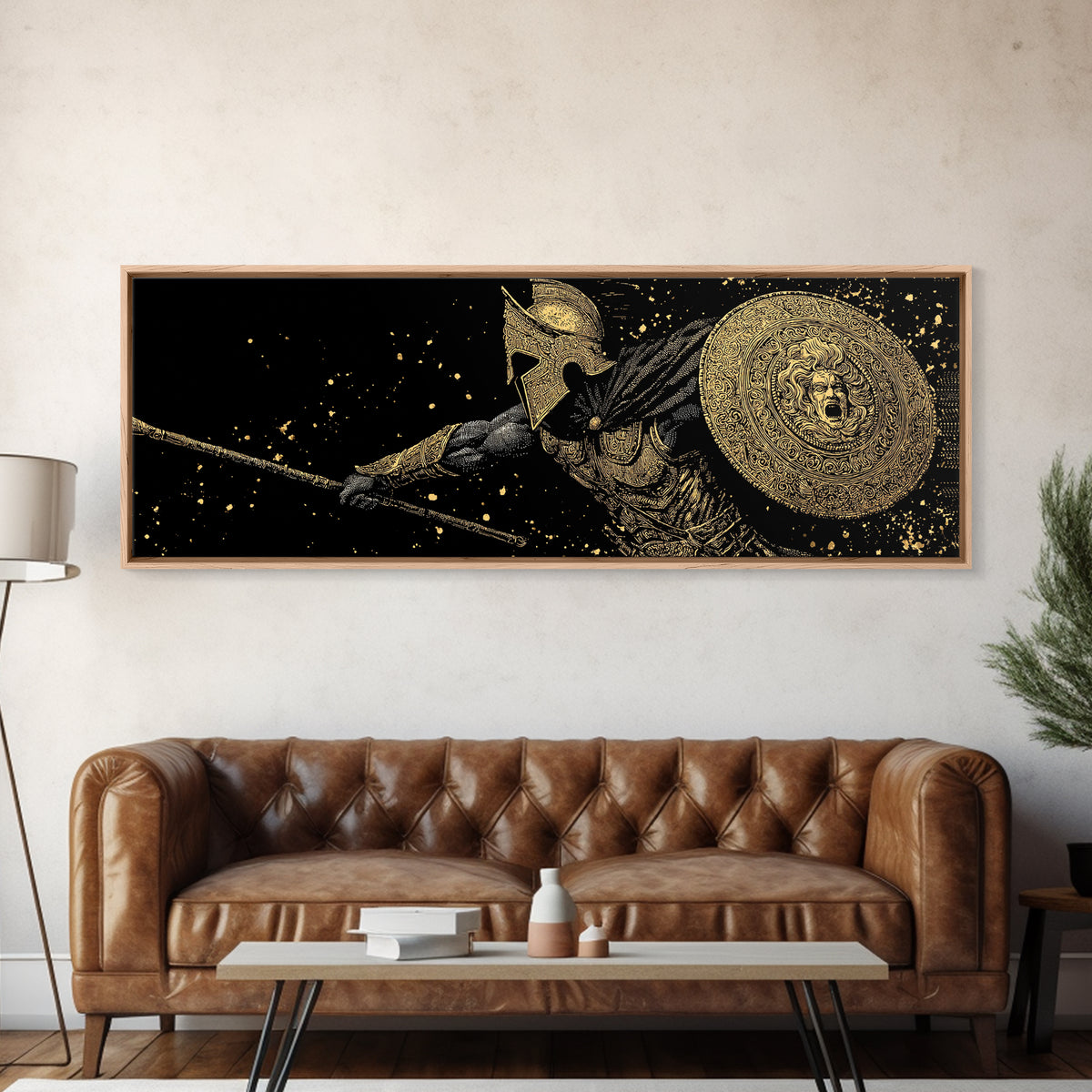 Heroic Warrior With Shield, Ancient Greek Spartan Mythological Battle Artwork, Gold Canvas Print, Real Wood Frame Wall Decor