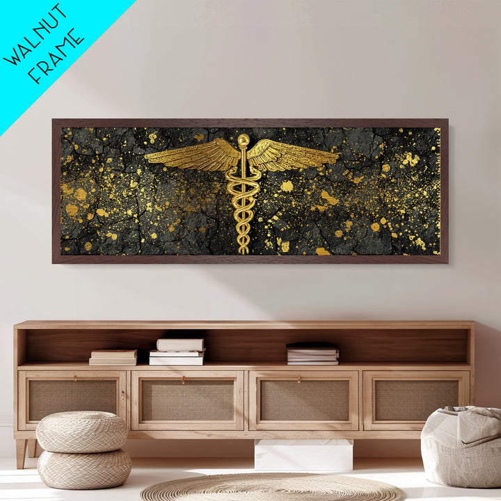 Caduceus Symbol Artwork, Ancient Mythological Medicine Emblem Decorative Wall Art, Metallic Gold Metal Print, Real Wood Frame