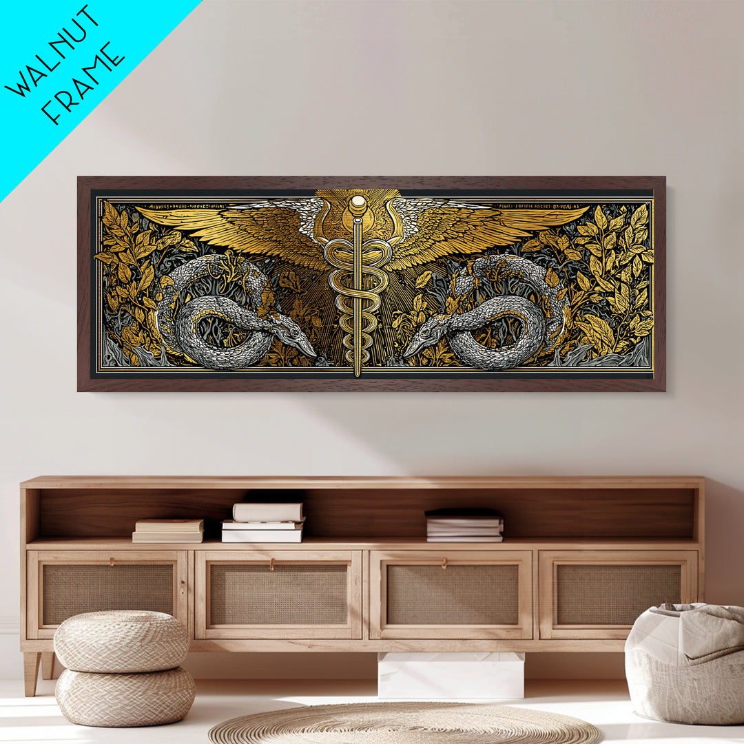 Caduceus With Serpents, Mythological Healing Symbol Decorative Wall Artwork, Metallic Gold Metal Print, Real Wood Frame Decor