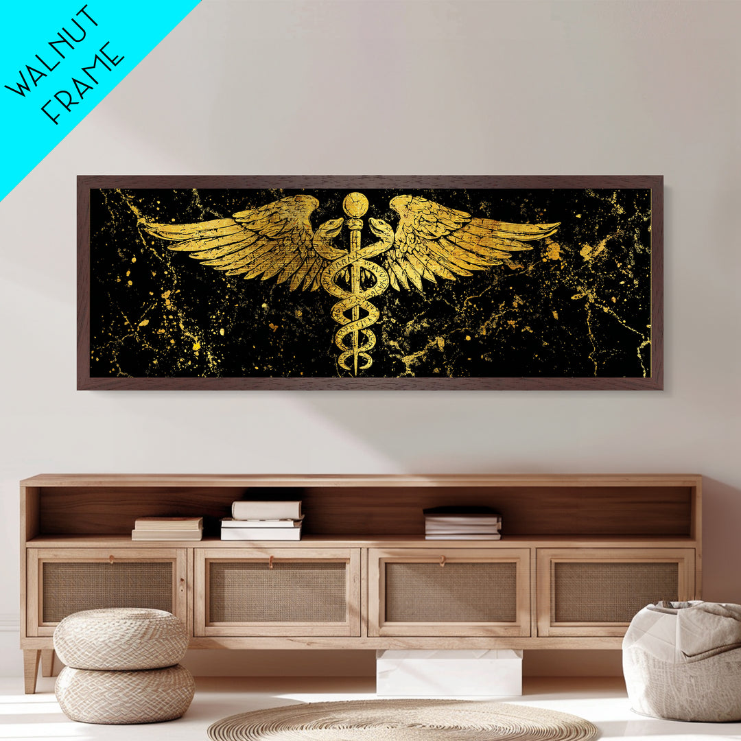 Ancient Caduceus Symbol, Winged Serpent Staff Mythological Artwork, Metallic Gold Metal Print, Real Wood Frame Wall Decor