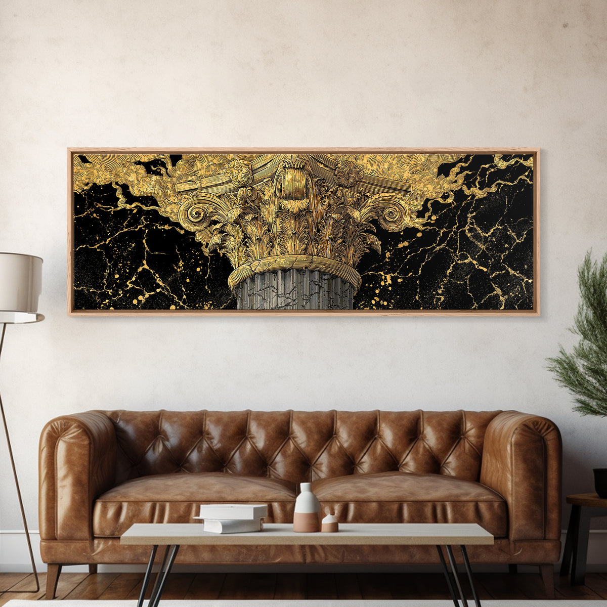 Classical Corinthian Column, Ancient Pillar Decorative Architectural Artwork, Gold Canvas Print, Real Wood Frame Wall Art