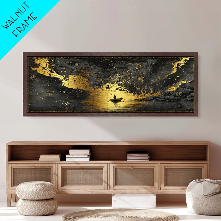 Celestial Map Artwork, Mythological Constellation And Ancient Sky Design, Metallic Gold Metal Print, Real Wood Frame Wall Decor