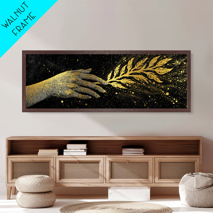 Hand With Olive Branch, Mythological Symbol Of Peace Decorative Wall Artwork, Metallic Gold Metal Print, Real Wood Frame Wall Art