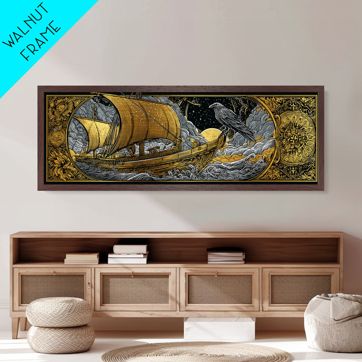 Ancient Sailing Ship, Mythological Vessel With Raven Decorative Wall Artwork, Metallic Gold Metal Print, Real Wood Frame Wall Decor