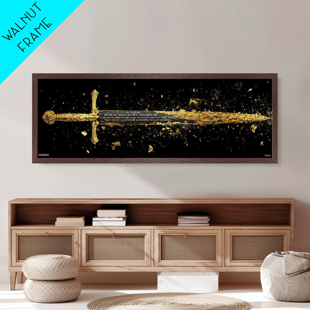 Ancient Sword Shattering, Mythological Weapon Symbolic Battle Decorative Artwork, Metallic Gold Metal Print, Real Wood Frame Wall Art