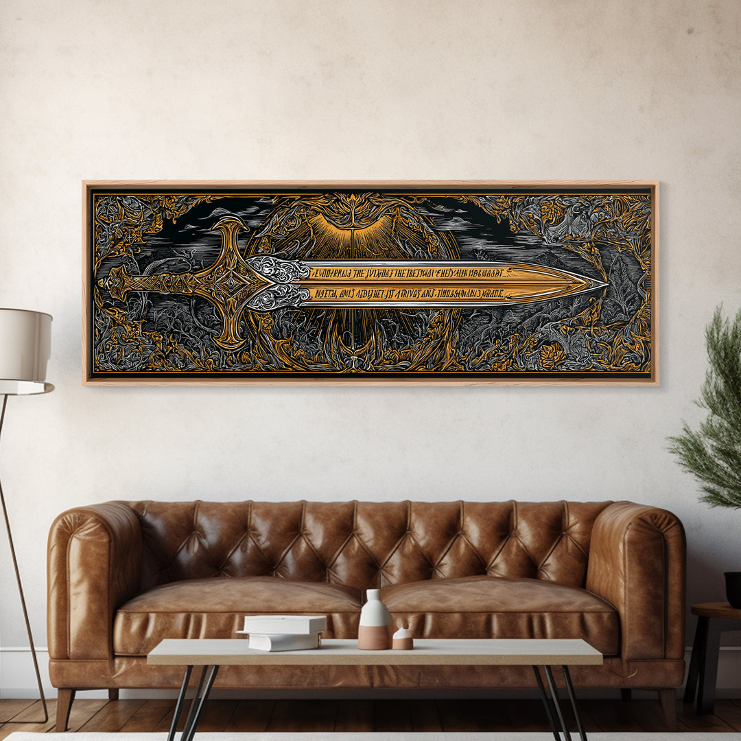 Ornate Mythological Sword, Decorative Ancient Weapon Symbolic Wall Artwork, Gold Canvas Print, Real Wood Frame Wall Decor