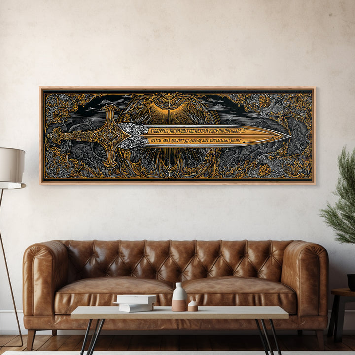 Ornate Mythological Sword, Decorative Ancient Weapon Symbolic Wall Artwork, Gold Canvas Print, Real Wood Frame Wall Decor