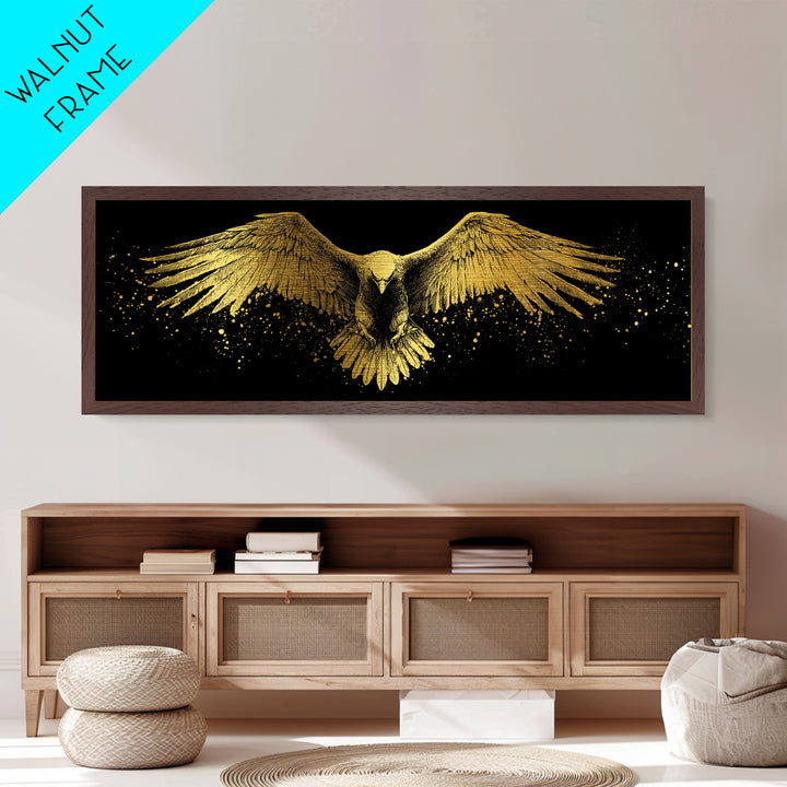 Golden Eagle In Flight, Regal Mythological Bird Wall Decor, Metallic Gold Metal Print, Real Wood Frame Art