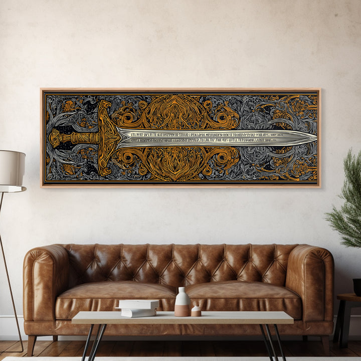 Epic Ancient Sword, Mythological Weapon Of Power Decorative Wall Artwork, Gold Canvas Print, Real Wood Frame Wall Decor