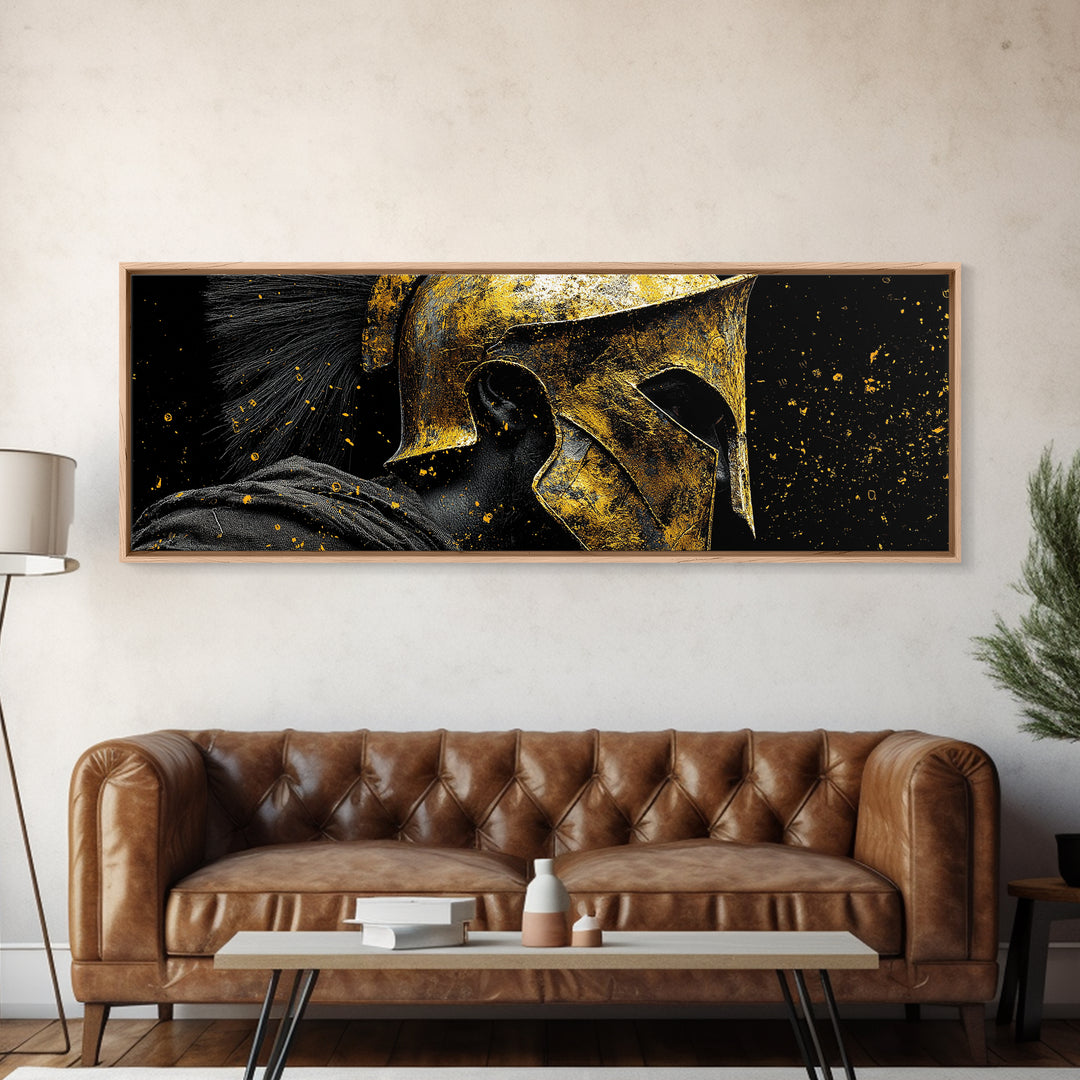 Spartan Warrior Helmet, Ancient Greek Mythological Armor Decorative Artwork, Gold Canvas Print, Real Wood Frame Wall Art