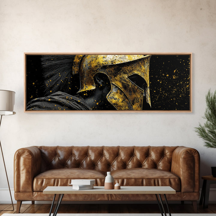 Spartan Warrior Helmet, Ancient Greek Mythological Armor Decorative Artwork, Gold Canvas Print, Real Wood Frame Wall Art