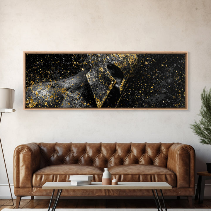 Abstract Spartan Helmet, Mythological Greek Warrior Armor Decorative Wall Artwork, Gold Canvas Print, Real Wood Frame Decor