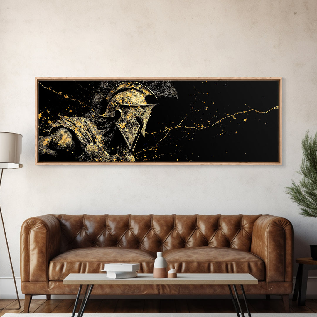 Detailed Spartan Warrior Helmet, Ancient Greek Mythological Armor Decorative Artwork, Gold Canvas Print, Real Wood Frame Art