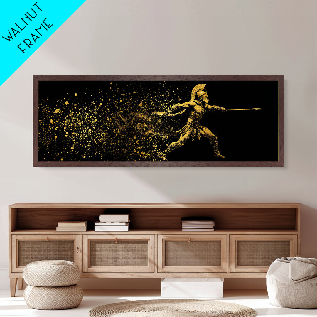 Greek Warrior Throwing Spear, Mythological Spartan Hero Battle Scene Artwork, Metallic Gold Metal Print, Real Wood Frame Wall Decor