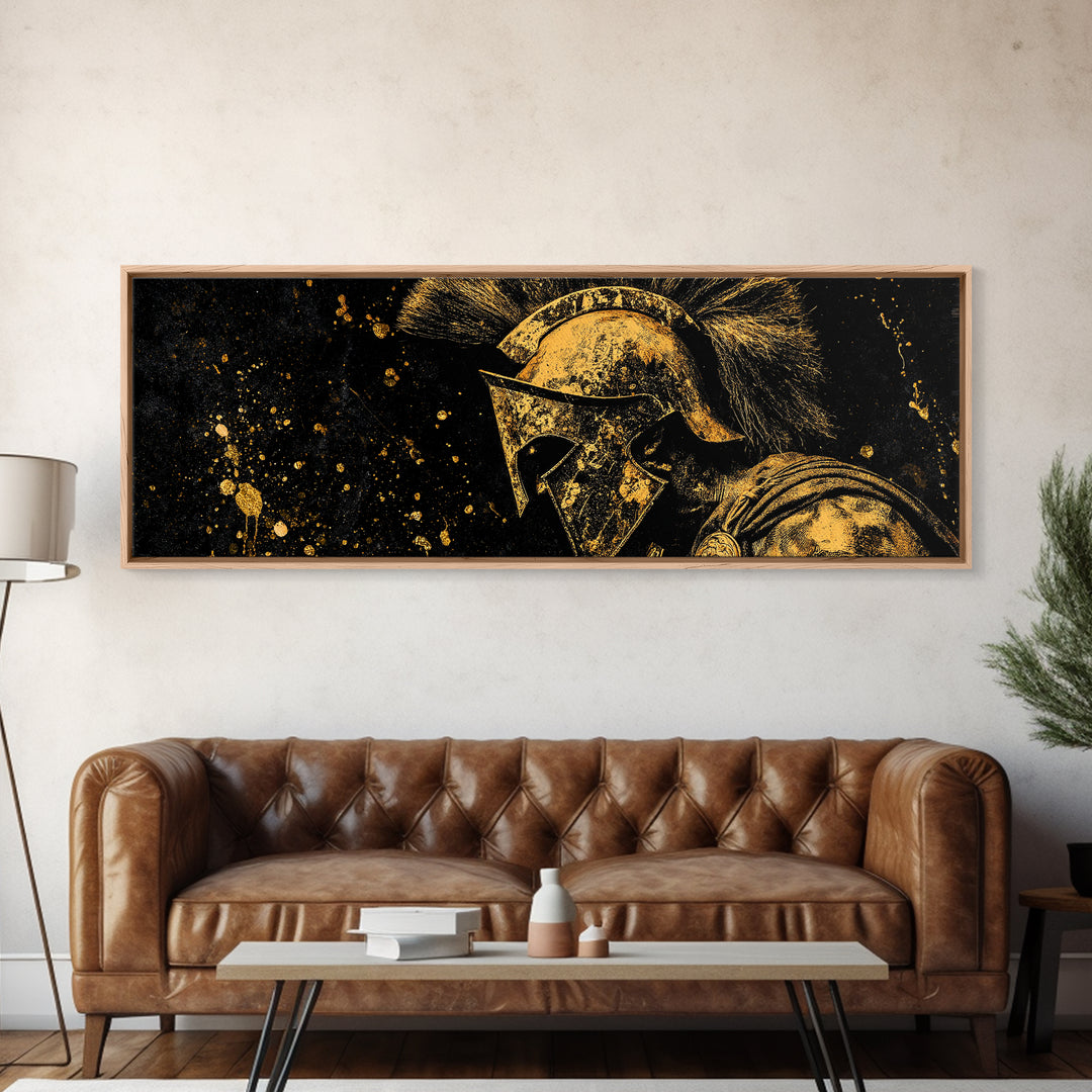 Spartan Helmet Portrait, Ancient Greek Warrior Symbol Of Strength Decorative Artwork, Gold Canvas Print, Real Wood Frame Art