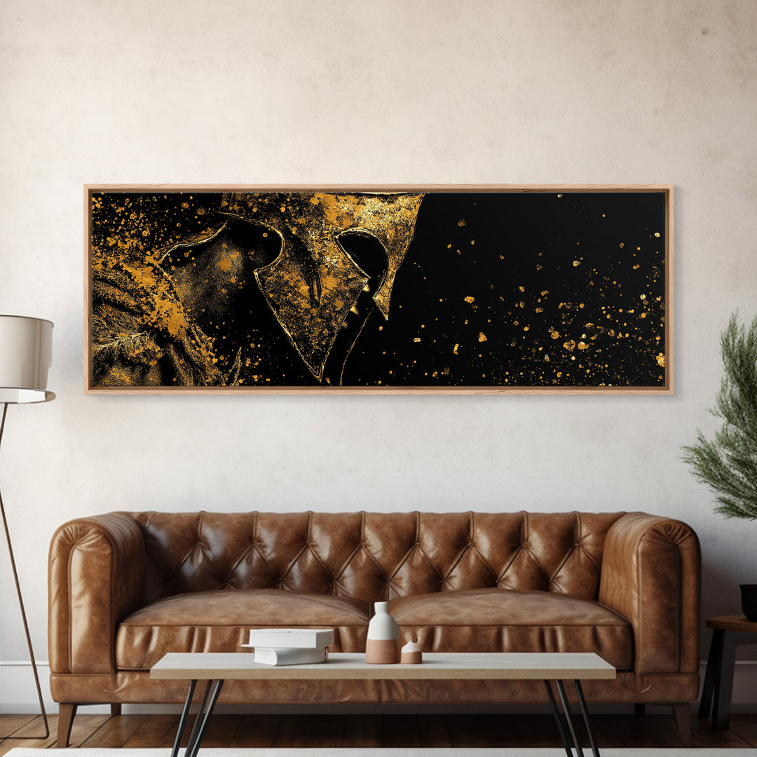 Spartan Warrior Close Up, Mythological Greek Helmet Armor Decorative Wall Artwork, Gold Canvas Print, Real Wood Frame Decor
