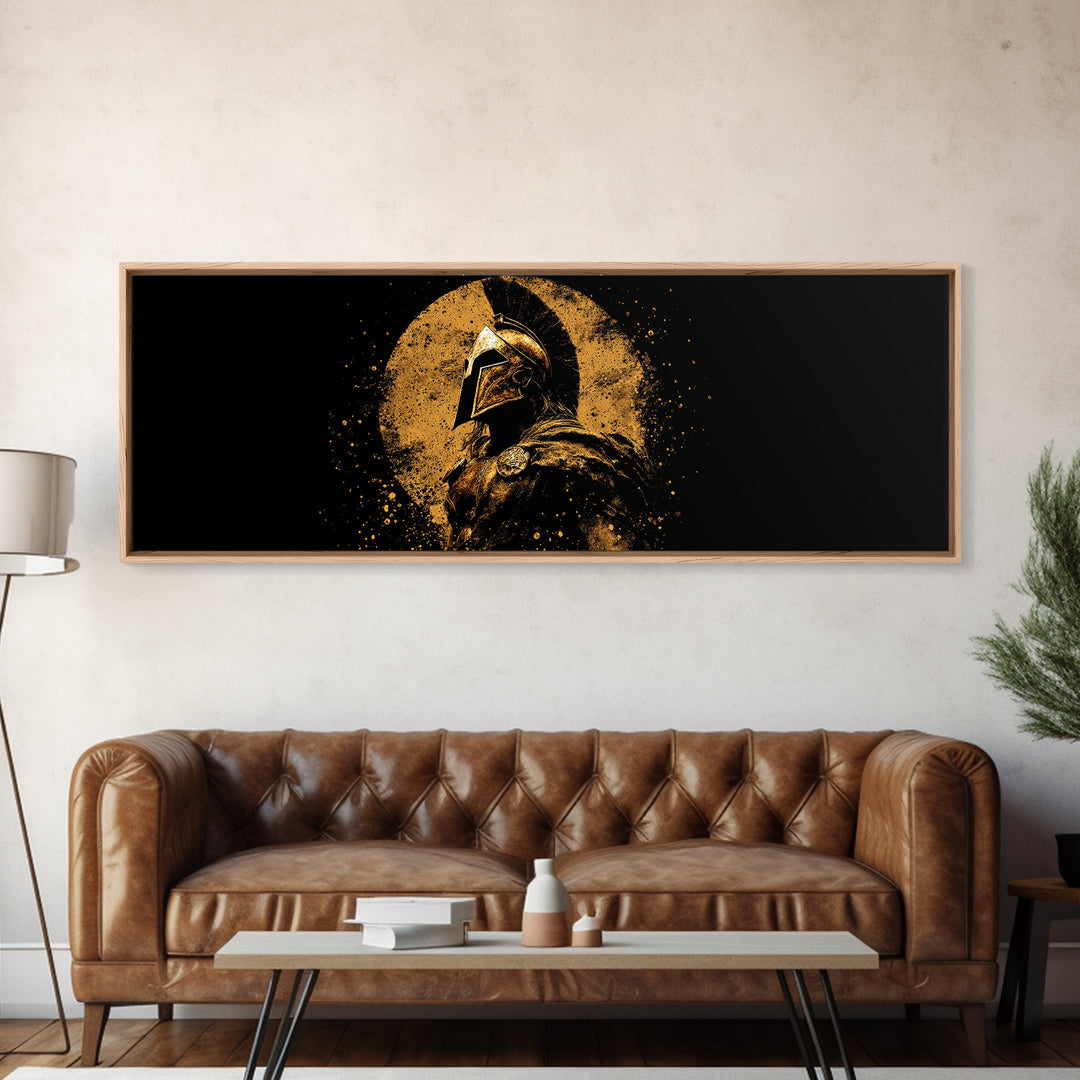Heroic Spartan Warrior, Ancient Greek Mythological Armor Symbol Decorative Artwork, Gold Canvas Print, Real Wood Frame Wall Art