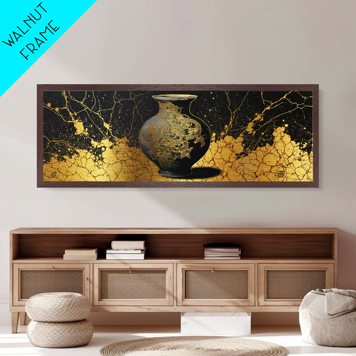 Ancient Golden Vase, Mythical Dragon Engraving Wall Decor, Metallic Gold Metal Print, Real Wood Framed Art