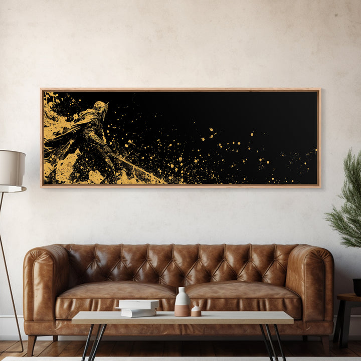 Spartan Warrior Battle Pose, Ancient Greek Hero With Sword Decorative Wall Artwork, Gold Canvas Print, Real Wood Frame Decor