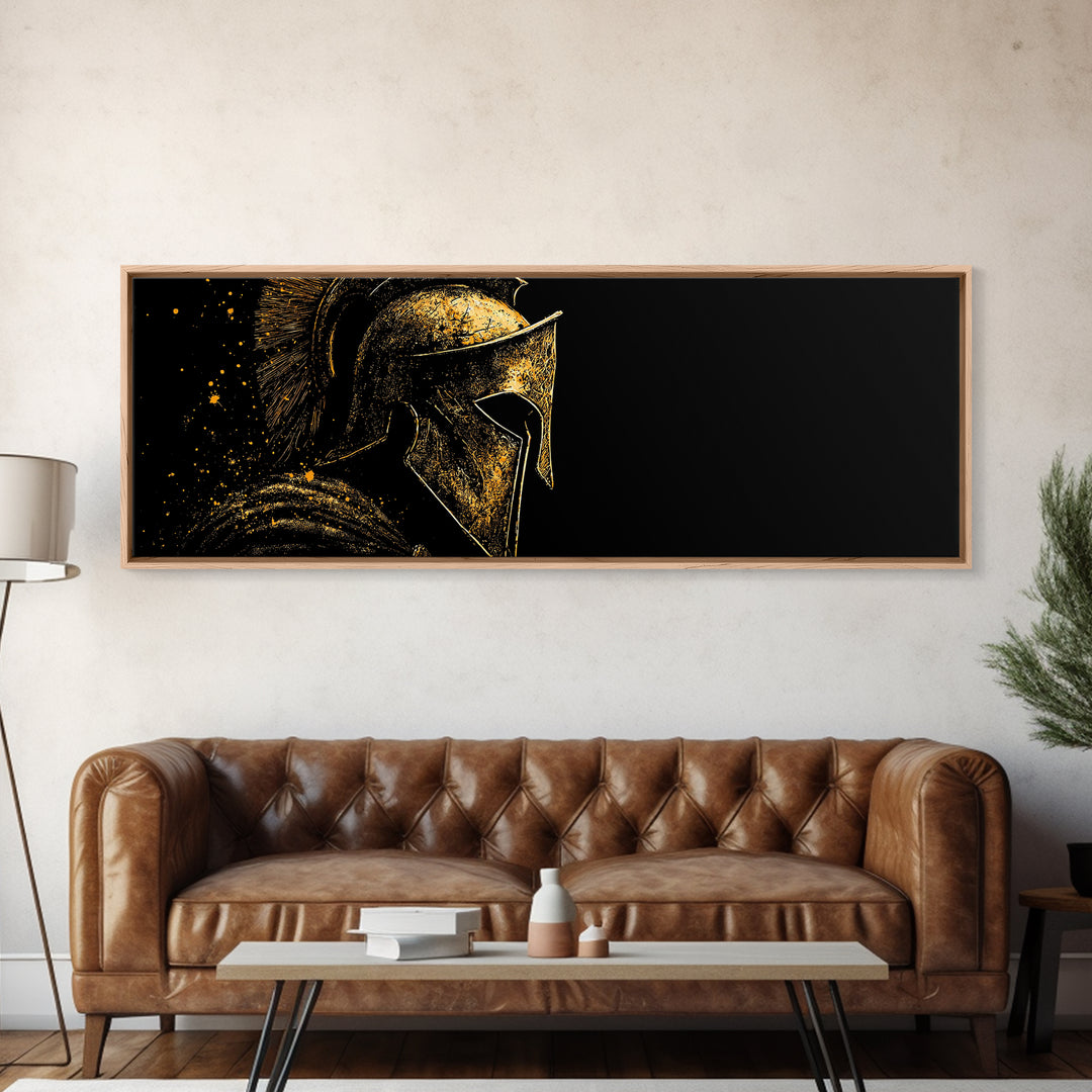 Spartan Helmet Profile, Ancient Greek Mythological Warrior Armor Decorative Artwork, Gold Canvas Print, Real Wood Frame Wall Art