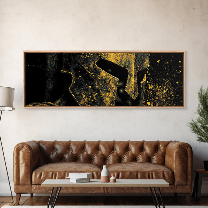 Spartan Warrior Close Up, Ancient Greek Helmet Portrait Decorative Wall Artwork, Gold Canvas Print, Real Wood Frame Decor