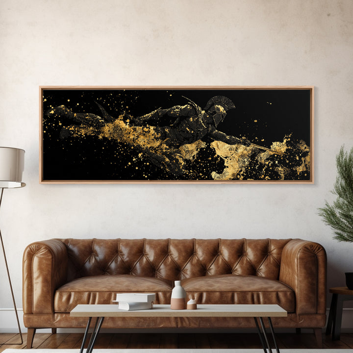 Spartan Warrior Leaping, Ancient Greek Heroic Battle Scene Decorative Wall Artwork, Gold Canvas Print, Real Wood Frame Decor