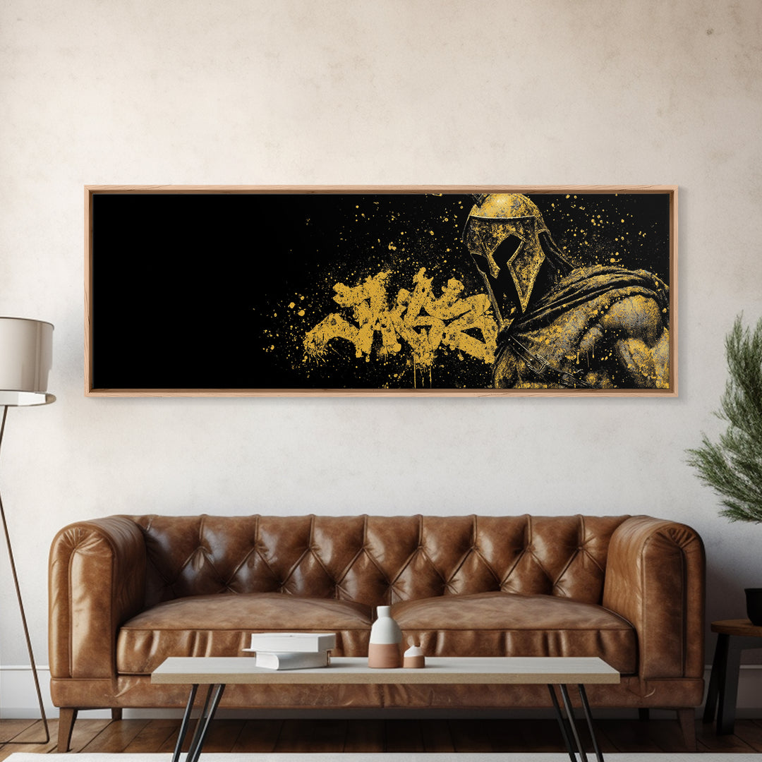 Greek Warrior Portrait, Ancient Spartan Helmet With Symbolic Cloak Artwork, Gold Canvas Print, Real Wood Frame Wall Decor