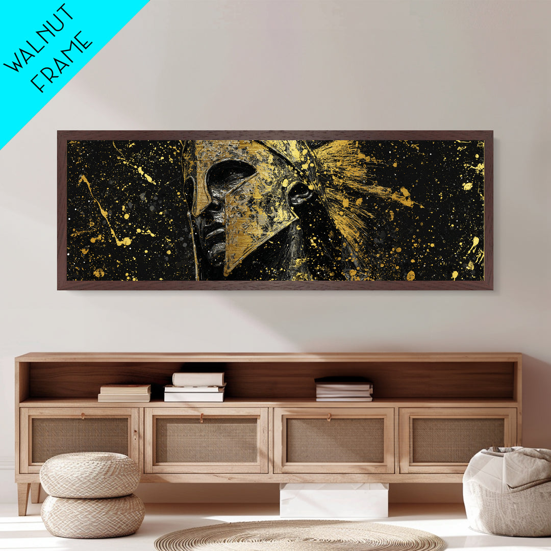 Spartan Helmet And Graffiti, Mythological Greek Warrior Decorative Wall Artwork, Metallic Gold Metal Print, Real Wood Frame Wall Art