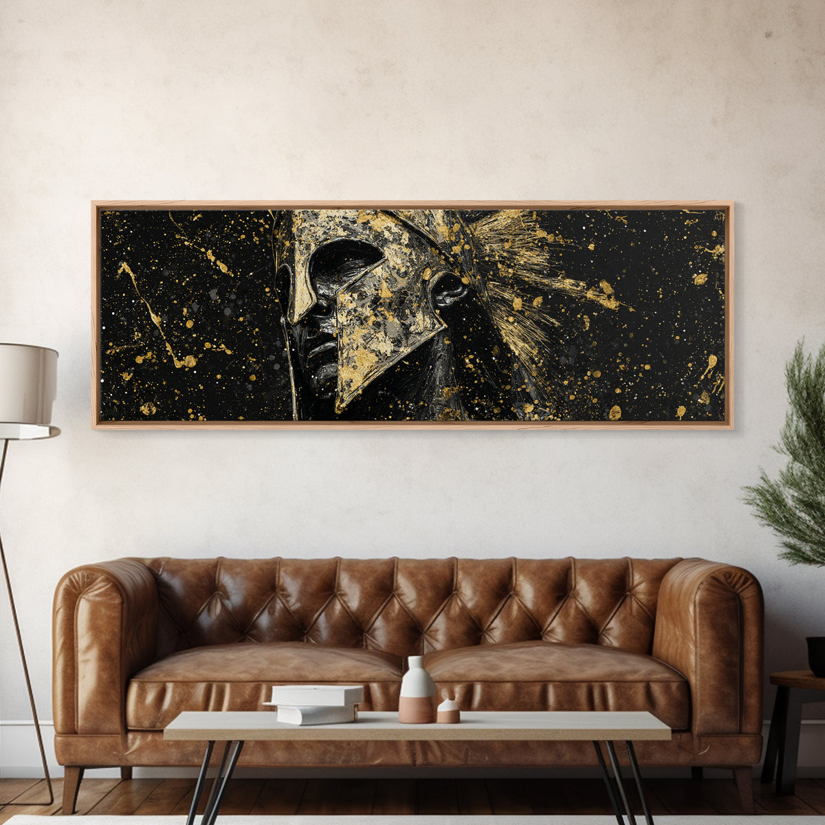 Spartan Helmet And Graffiti, Mythological Greek Warrior Decorative Wall Artwork, Gold Canvas Print, Real Wood Frame Wall Art