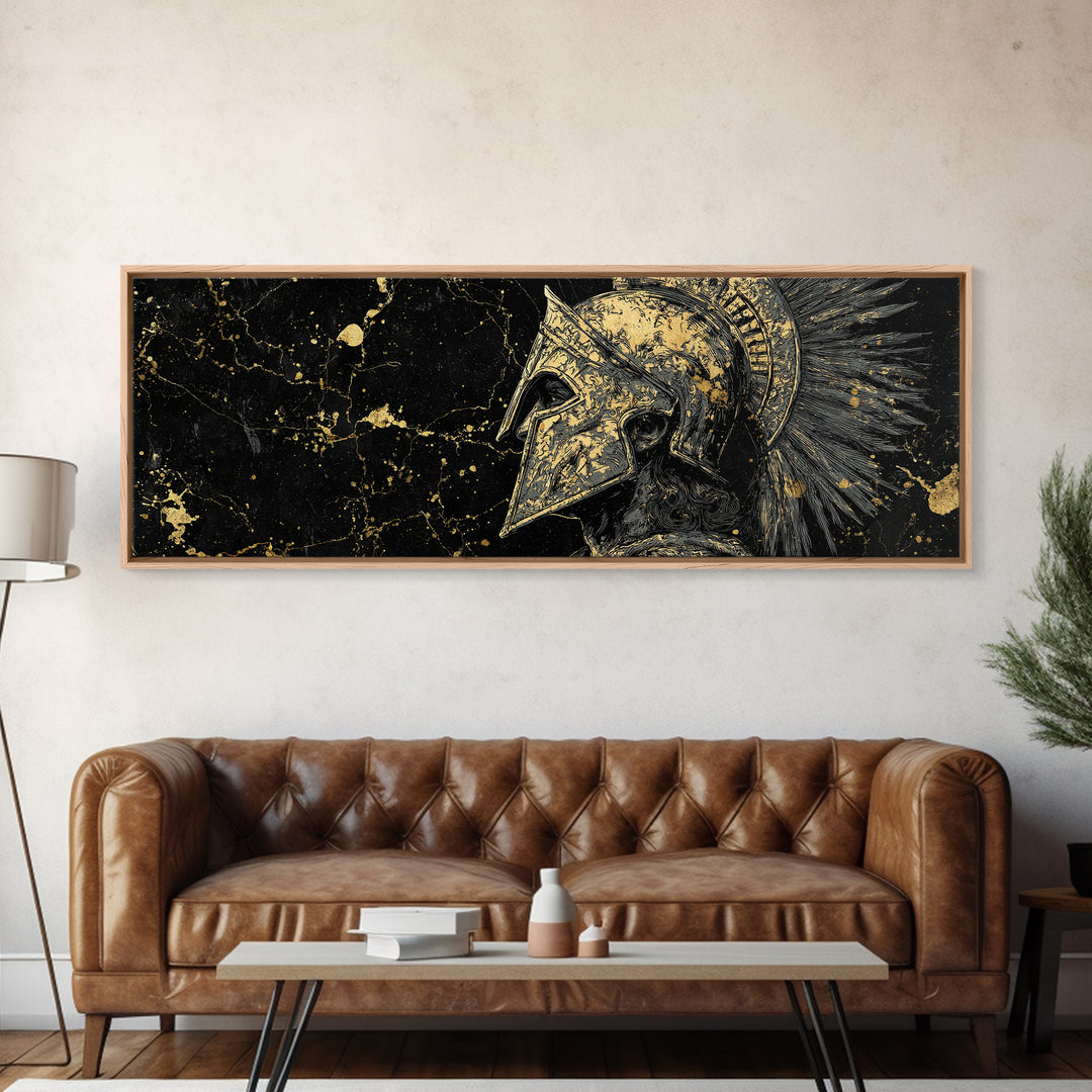 Greek Helmet Portrait, Ancient Spartan Mythological Warrior Decorative Artwork, Gold Canvas Print, Real Wood Frame Wall Decor