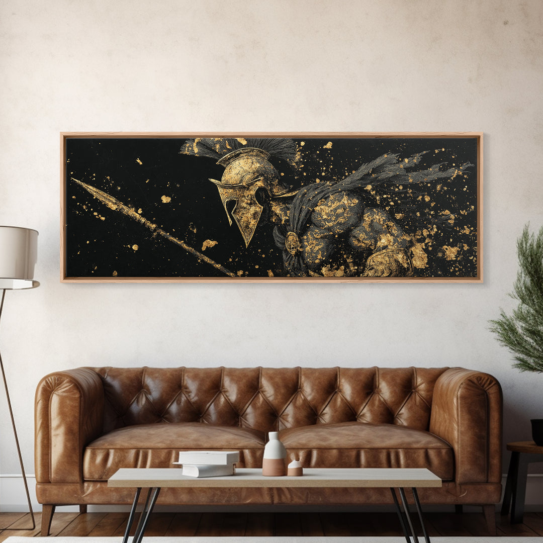 Spartan Helmet Detailed Profile, Ancient Greek Warrior Decorative Wall Artwork, Gold Canvas Print, Real Wood Frame Wall Decor