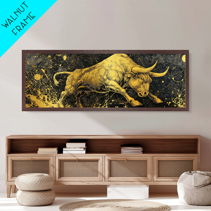 Charging Bull Artwork, Mythical Strength And Power Wall Decor, Metallic Gold Metal Print, Real Wood Frame Art