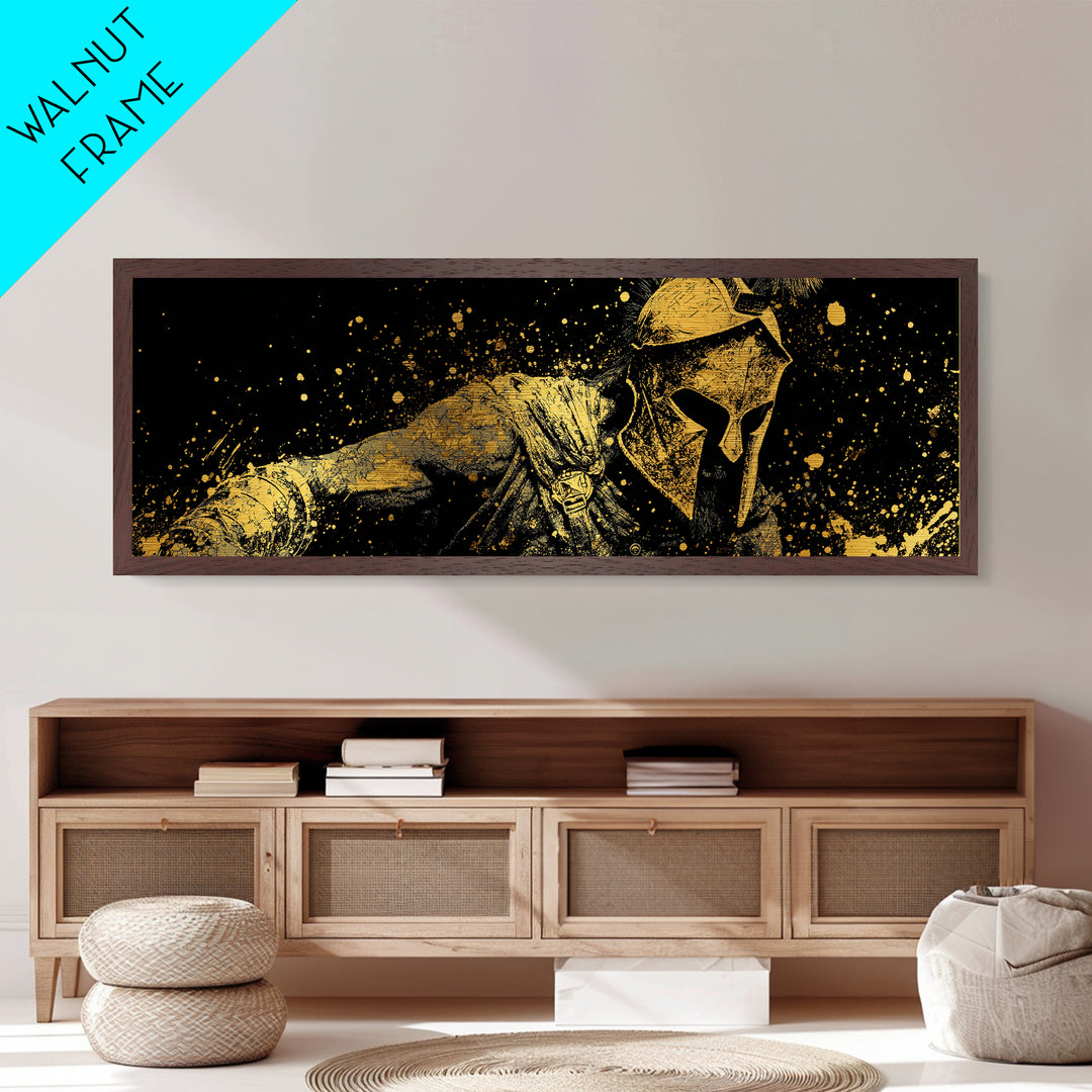 Greek Warrior With Spear, Ancient Spartan Battle Scene Decorative Wall Artwork, Metallic Gold Metal Print, Real Wood Frame Wall Art