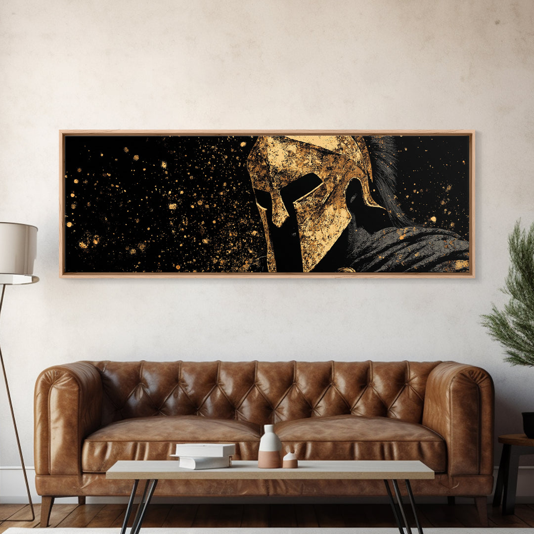 Spartan Warrior In Battle, Ancient Greek Hero Decorative Wall Artwork, Gold Canvas Print, Real Wood Frame Wall Decor